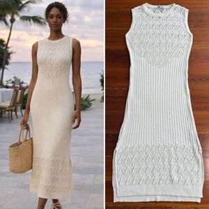 Zara Crochet Knit Sleeveless Ecru Midi Dress or Coverup Sz Small 💛🍄